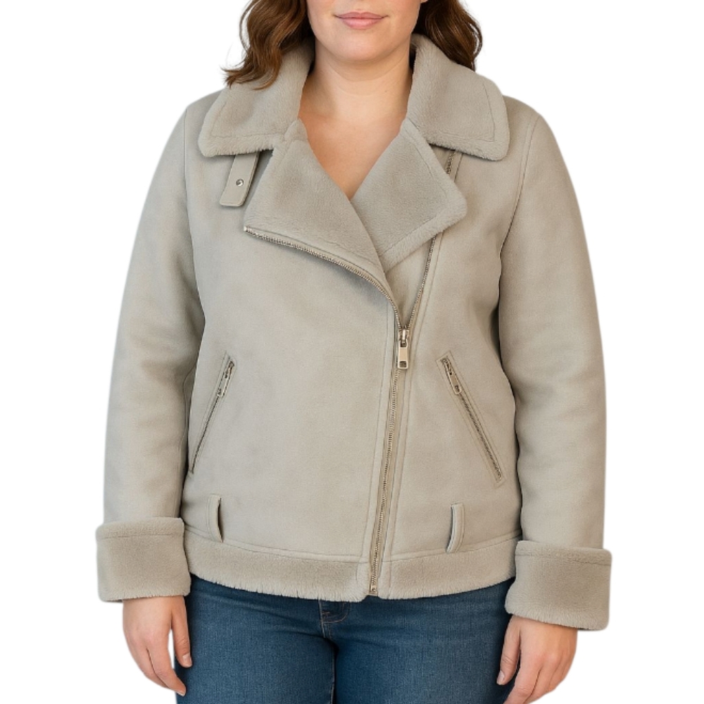 ​NWOT Cozy Faux Shearling Aviator Jacket Medium Beige Sherpa Lined Moto Coat